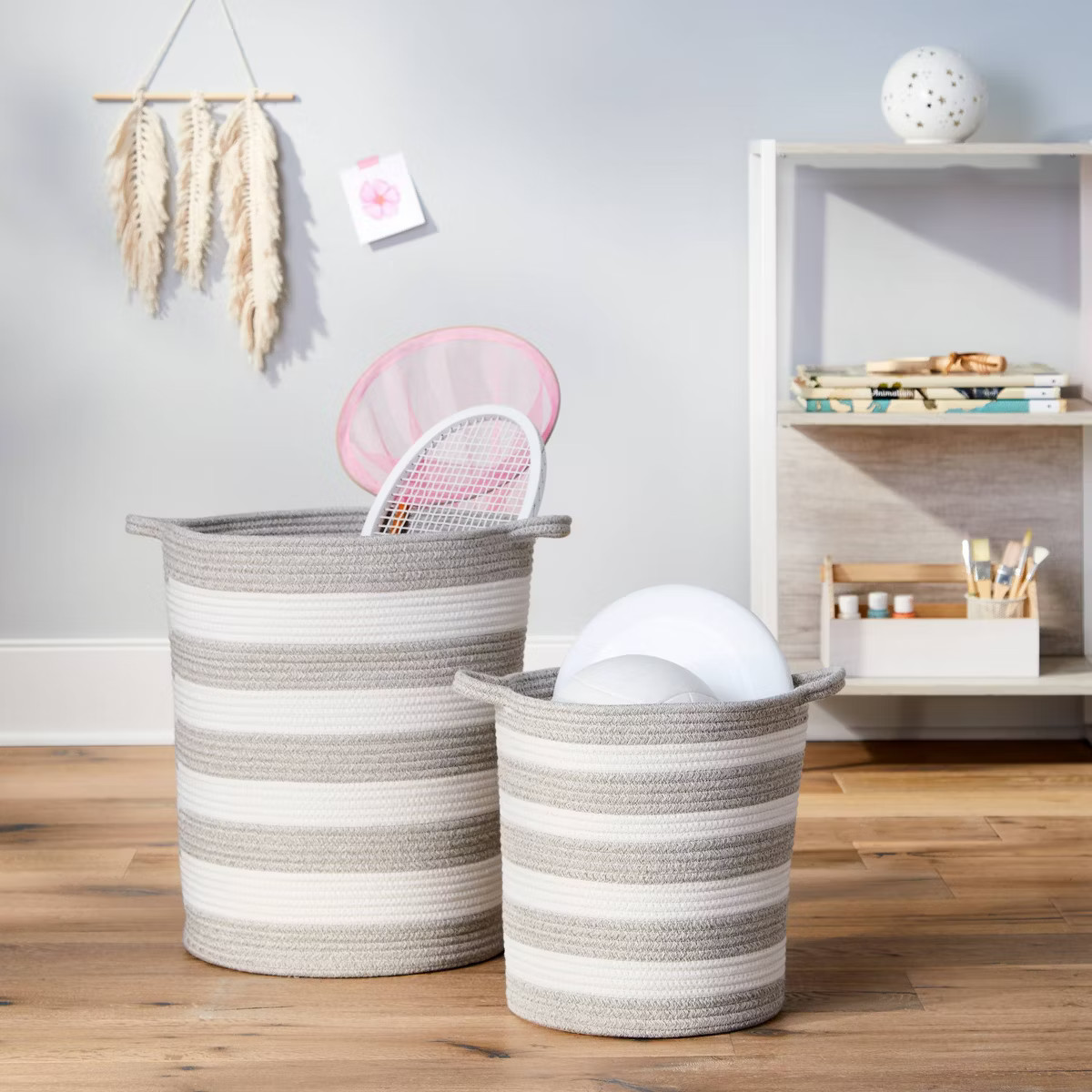 Medium Striped Coiled Kids' Rope Basket Gray - Pillowfort™: Toy & Storage Basket, Cotton & Poly... | Target