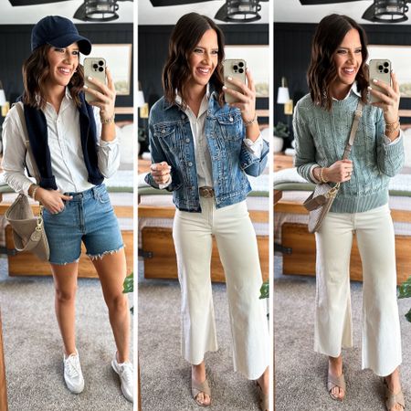 Spring Capsule Wardrobe (White Button Up Styling) 

Button up (small)
Shorts (size 26) 
Ivory jeans (size up one or two sizes. I’m in a size 4) 
Denim jacket (small) 
Green sweater (small tall) 


#LTKstyletip #LTKfindsunder50 #LTKfindsunder100