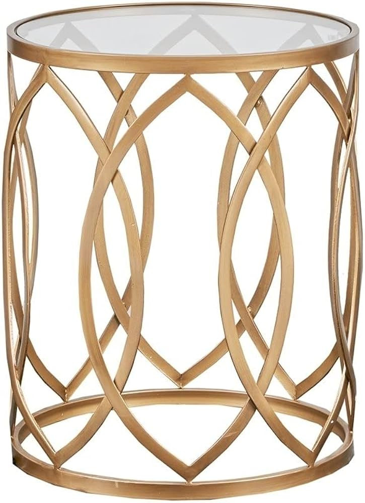 Madison Park Arlo Accent Tables For Living Room, Glass Top Hollow Round, Small Metal Frame Geometric Eyelet Pattern Luxe Modern Stylish Nightstand Bedroom Furniture, Gold | Amazon (US)