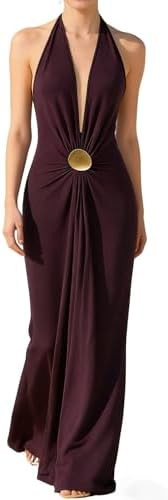 OYOANGLE Women's Deep V Neck Halter Maxi Dress Sexy Summer Backless Wedding Guest Vacation Beach ... | Amazon (US)