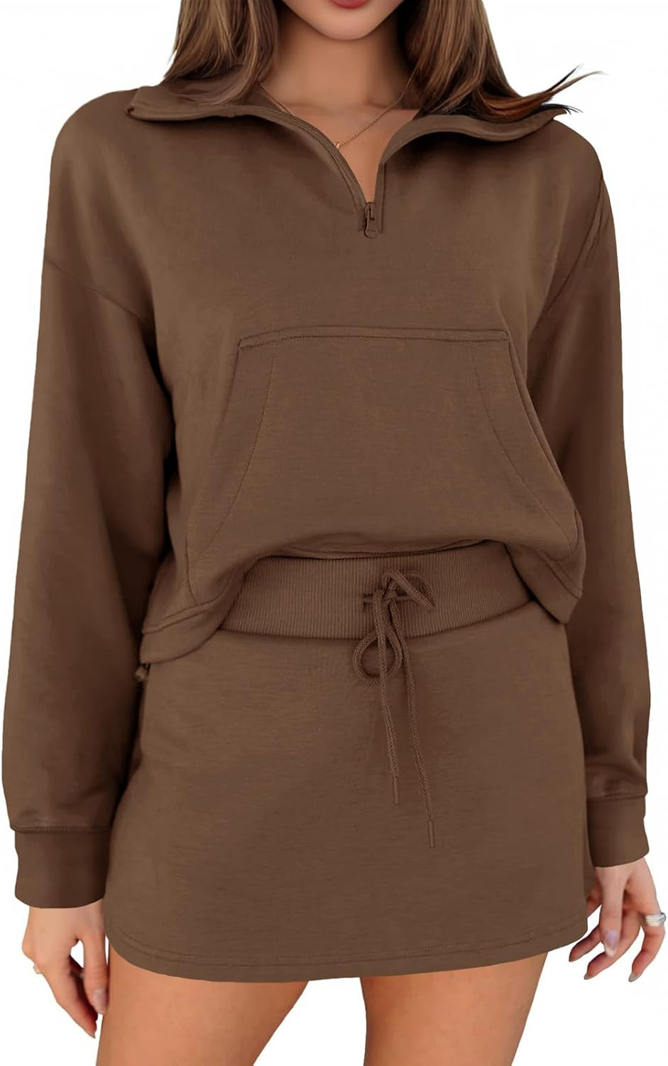 Fisoew Womens Sweatsuits 2 Piece Outfits Quarter Zip Cropped Sweatshirts Casual Mini Skorts Lounge Wear Skirts Sets | Amazon (US)