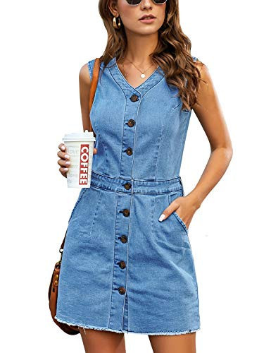 LookbookStore Women Denim Dresses Casual Summer Blue Sleeveless Dress for Women V Neck Button Down Dress Jeans with Pockets Frayed Raw Hem Short Denim Dress Size XXL Size 20 Size 22 | Amazon (US)