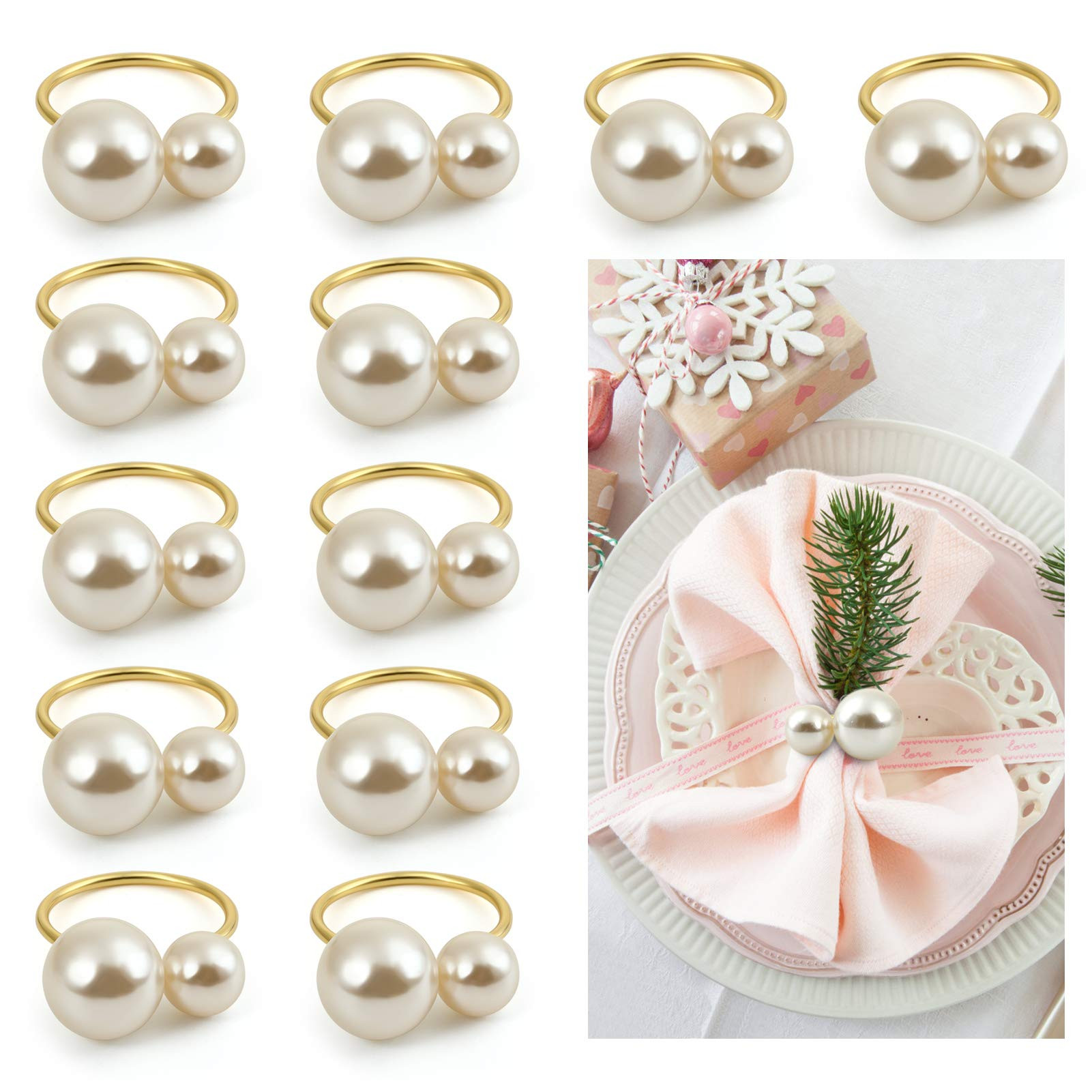 KESOTE Set of 12 Pearl Napkin Rings, Gold Napkin Ring Holders for Formal or Casual Dinning Table ... | Amazon (US)