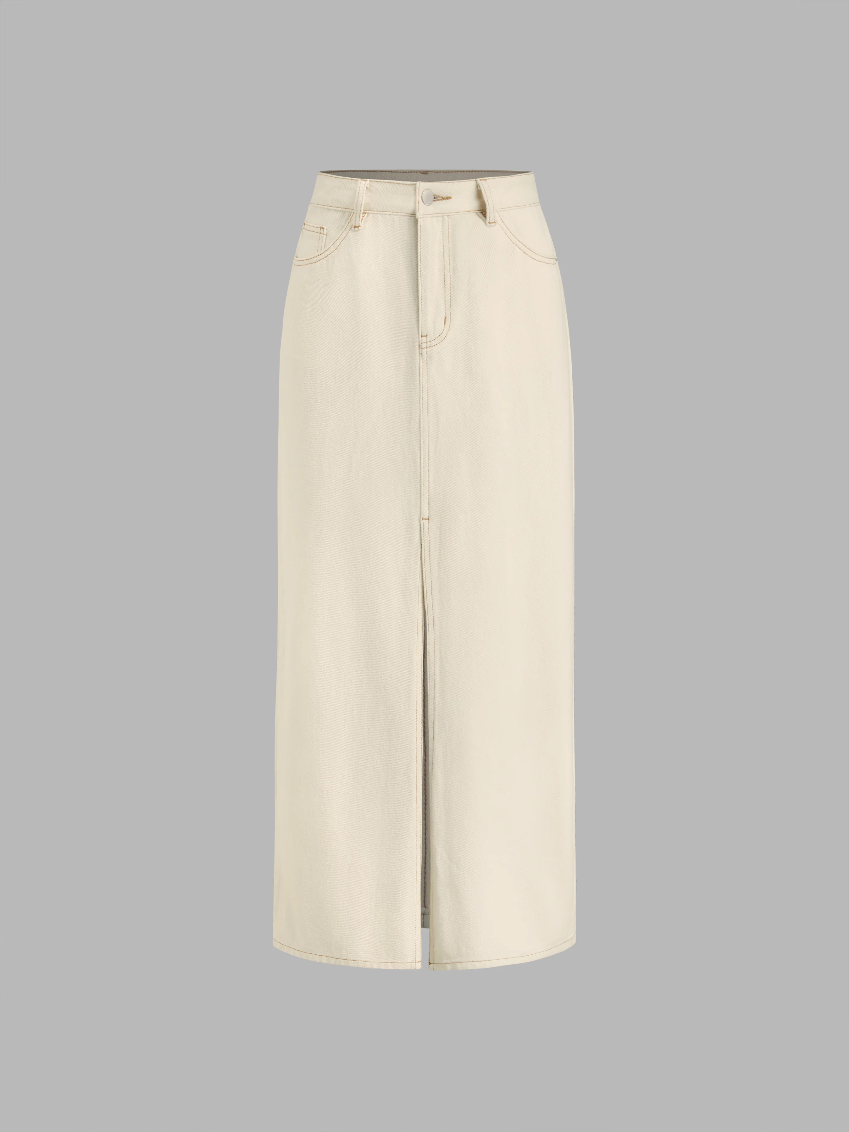 Basic & Thermal Denim Cider Denim Mid Rise Solid Pocket Split Maxi Skirt For Daily Casual | Cider