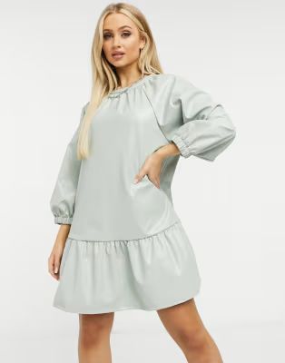 ASOS DESIGN leather look mini smock dress in sage | ASOS (Global)