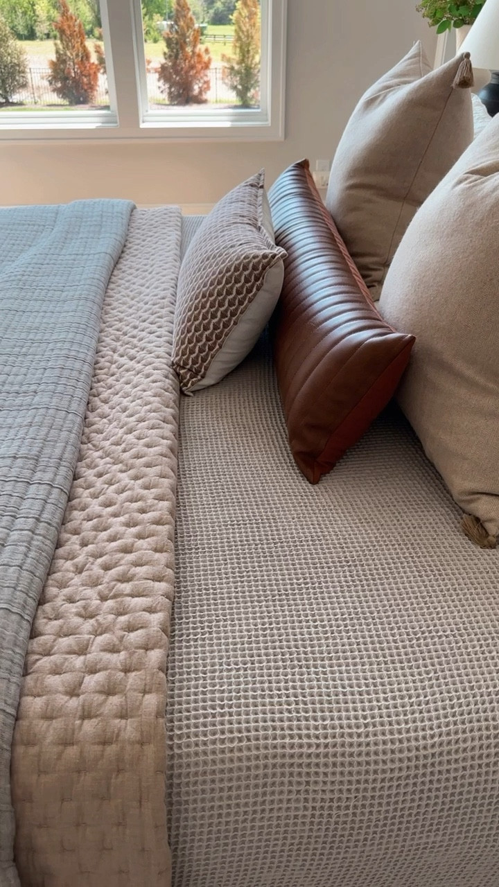 My spring bedding with tan and gray. 

Bedding
Bedroom styling
Neutral home decor 
Modern organic home
Warm modern home furnishings 

#LTKstyletip #LTKhome #LTKunder100