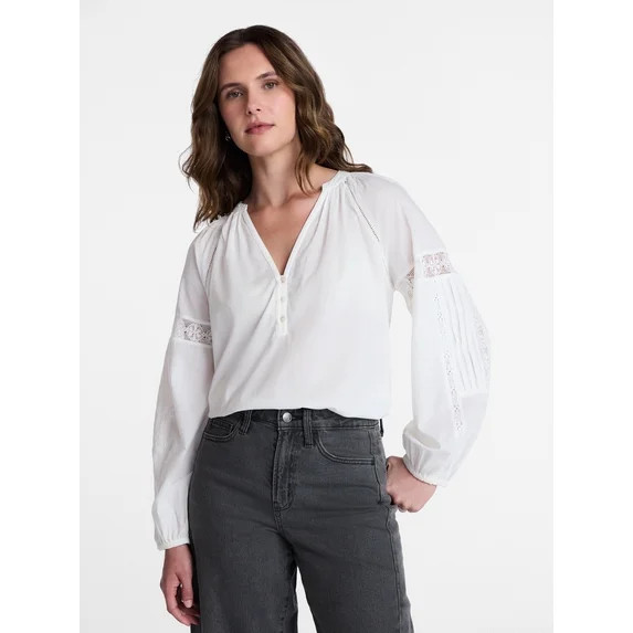 Time and Tru Women's Lace Insert Popover Full Sleeve Top, Sizes XS - XXXL | Walmart (US)