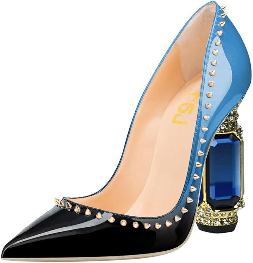 FSJ Women Bridal Pointed Toe Chunky Block High Heel Crystal Pumps Slip on Wedding Thick Comfort E... | Amazon (US)