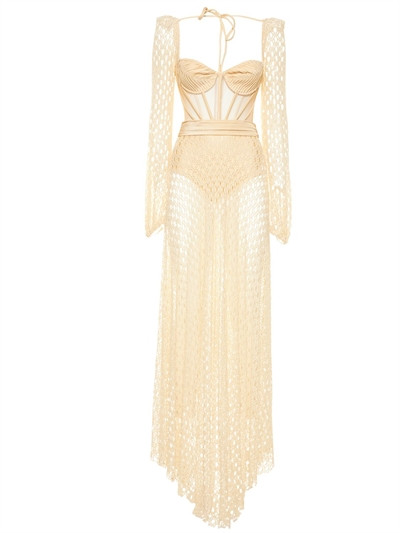 monstera crochet bustier dress PatBO Monstera crochet bustier maxi dress in sand by PatBO