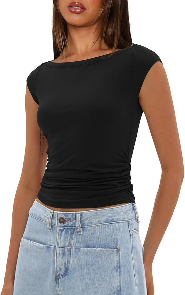 Darong Women's Summer Boat Neck Tops Cap Sleeve Slim Fitted Modal Basic Tee Trendy Casual Shirts | Amazon (US)