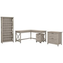Key West 60W L Desk with Cabinets and Bookcase in Washed Gray - Engineered Wood | Walmart (US)