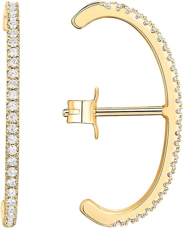 PAVOI 14K Gold Plated Minimalist Suspender Earring CZ Ear Lobe Cuff Stud Earrings | Amazon (US)