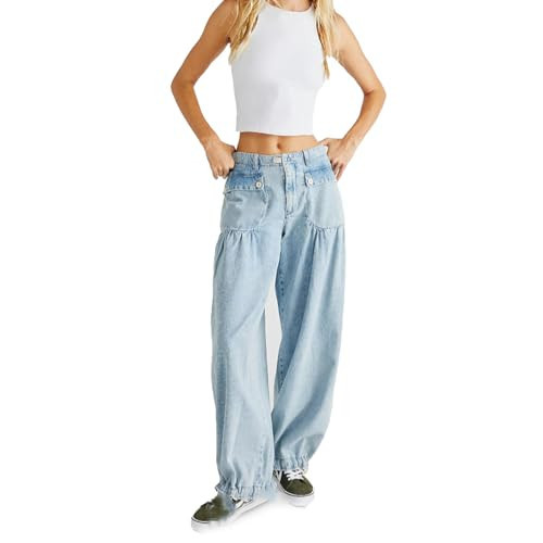 S-SNAIL-OO Lotus Tube Jeans, Freelady Lotus Jeans Barrel Jeans Women, Loose Fitting Mid High Waist Ruffle Jeans (US, Alpha, 3X-Large, Regular, Regular, Light Blue) | Amazon (US)