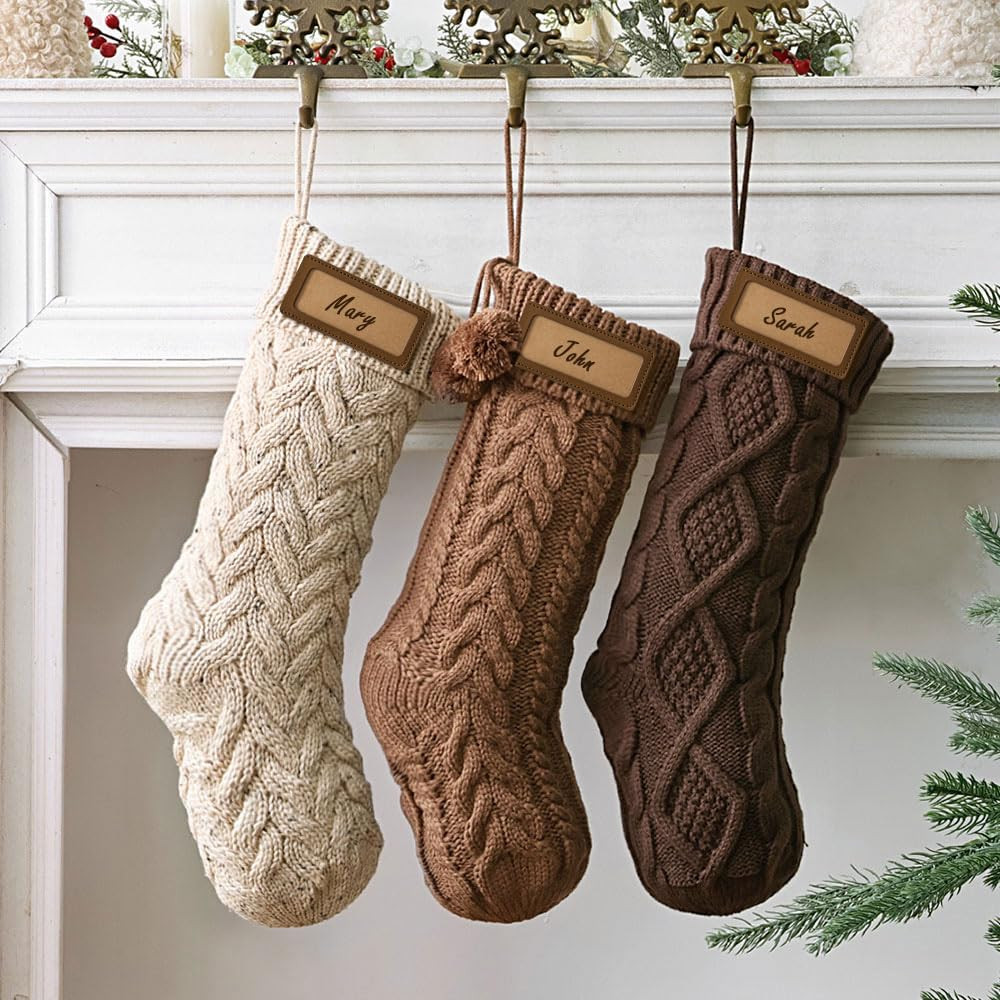Farmhouse Knitted Christmas Stockings: 3 Pack 18 Inch Neutral Cable Knit Fireplace Stockings, Coz... | Amazon (US)