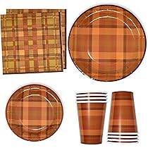 Fall Orange & Brown Plaid Party Supplies Tableware Set 24 9" Paper Dinner Plates 24 7" Plate 24 9... | Amazon (US)