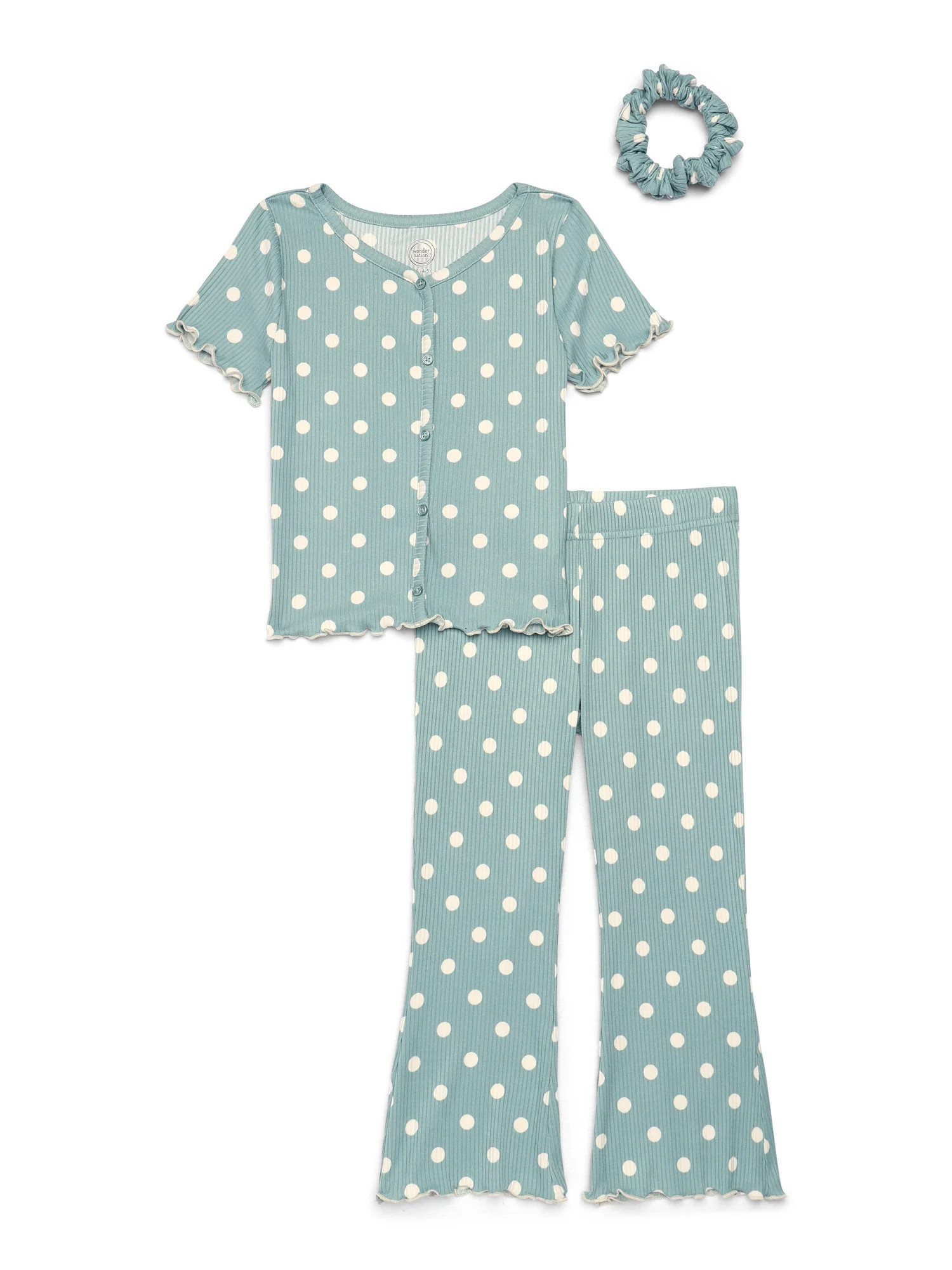 Wonder Nation Girls Short Sleeve Rib Top and Pants Pajama Set with Scrunchie, 3-Piece, Sizes 4-18... | Walmart (US)