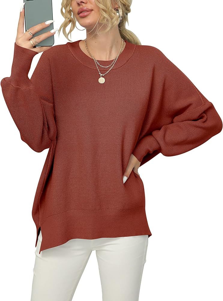 LOGENE Women's Oversized Batwing Long Sleeve Crewneck Side Slit Ribbed Knit Pullover Sweater Tops | Amazon (US)