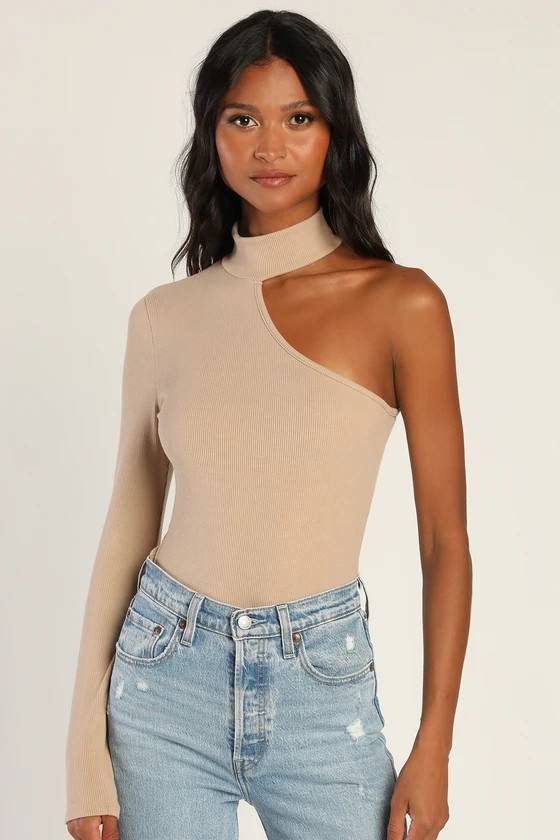 Bold Shoulder Beige Mock Neck Asymmetrical Long Sleeve Top | Lulus (US)