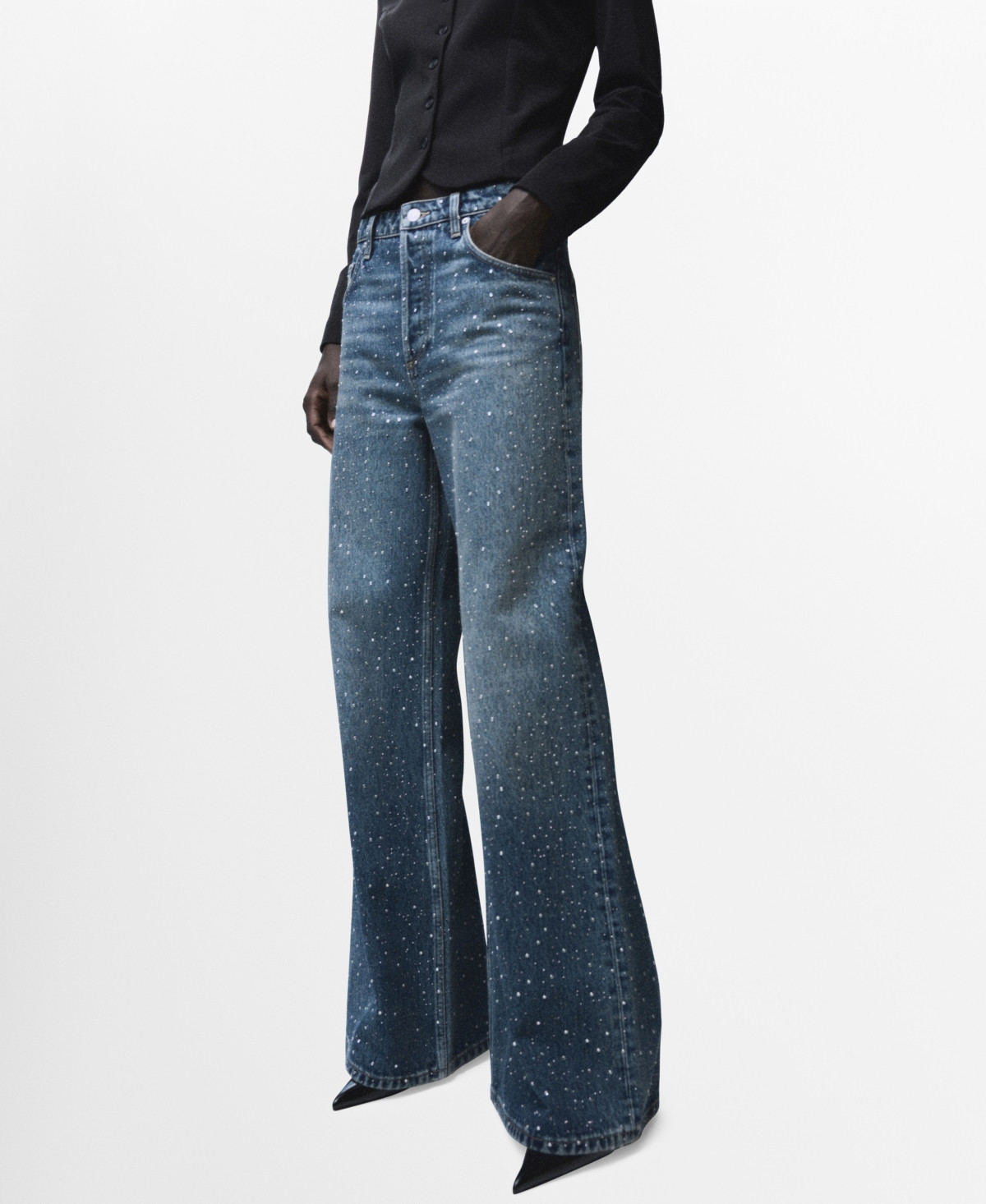 Mango Women's Rhinestones Wide-Leg Jeans - Medium Blue | Macy's