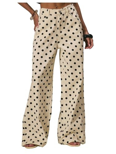MakeMeChic Women's Polka Dots Loose Fit Wide Leg Jeans Mid Waist Denim Pants with Pocket | Amazon (US)