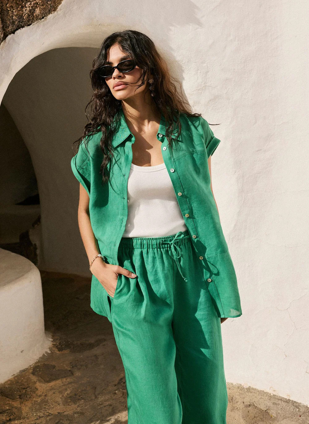 Green Linen Blend Sheer Panel Shirt | Mint Velvet
