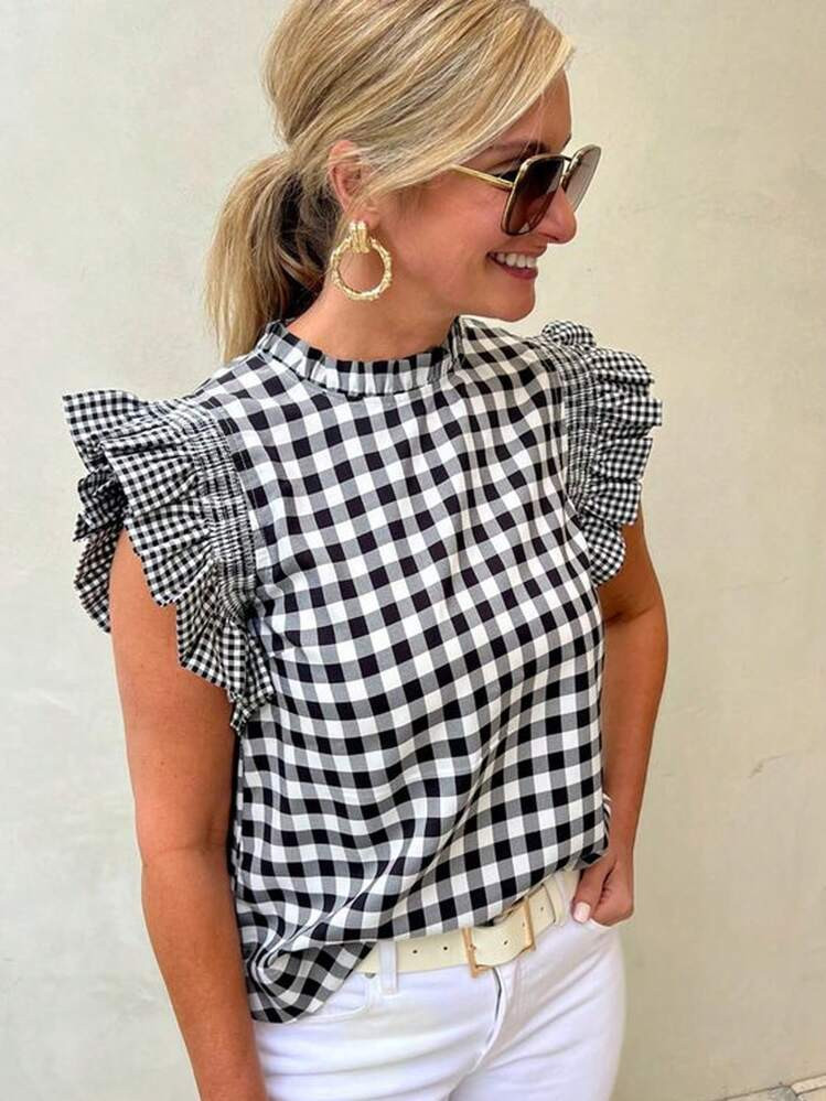 SHEIN Frenchy Casual Women's Plaid Printed Ruffle Hem Summer Shirt Back To School Clothes Teacher... | SHEIN