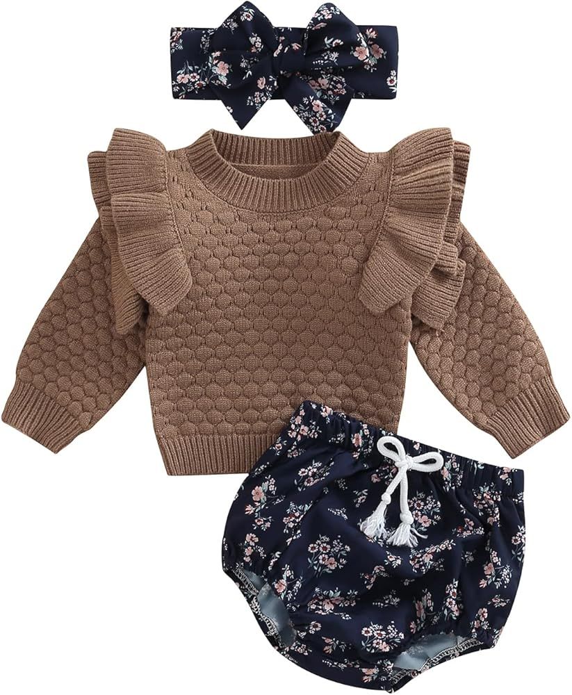 Newborn Baby Girl Fall Winter Clothes Ruffle Sweater Floral Shorts Set with Headband 3Pcs Thanksgivi | Amazon (US)