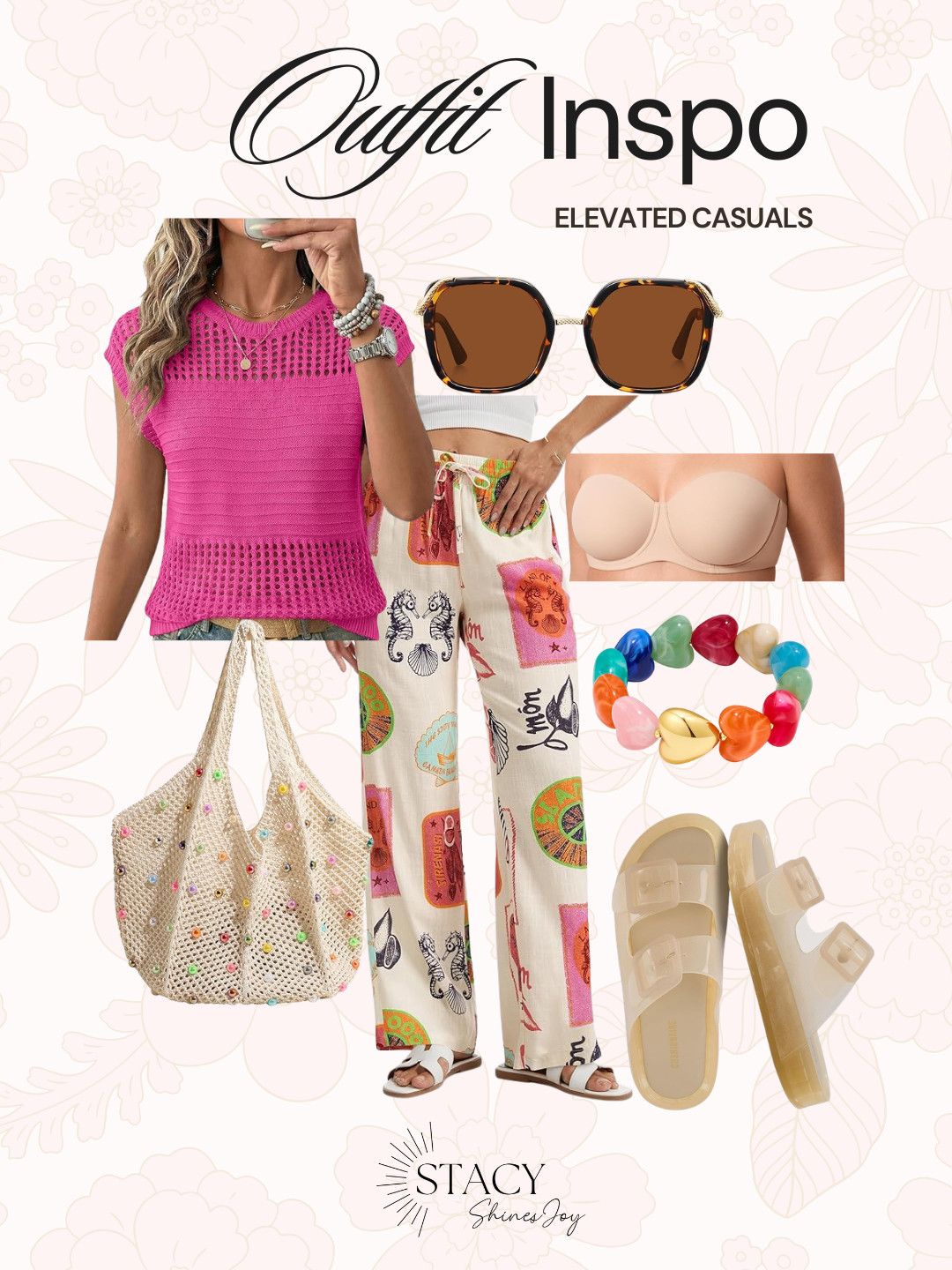 Perfect outfit for beach days! Pair the crochet top with these pants and sandals. Can't forget this beach bag! #BeachReady 

 #LTKootd #LTKmomlife #LTKOver40