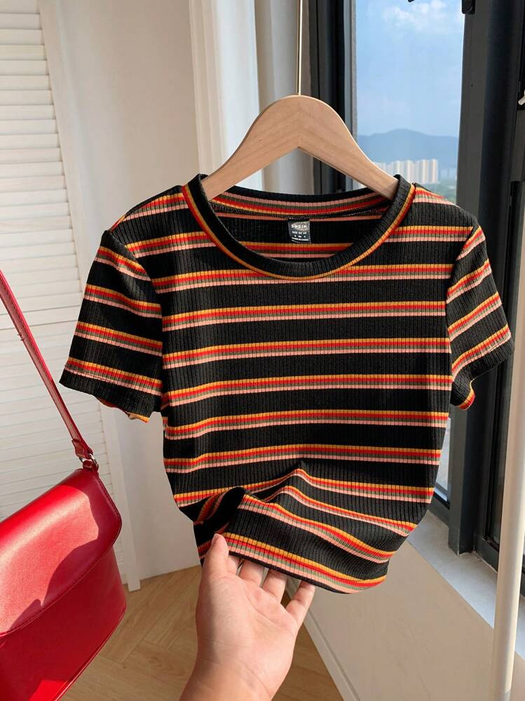 Comfortcana Colorful Stripe Knitted Women Tight Fit T-Shirt | SHEIN