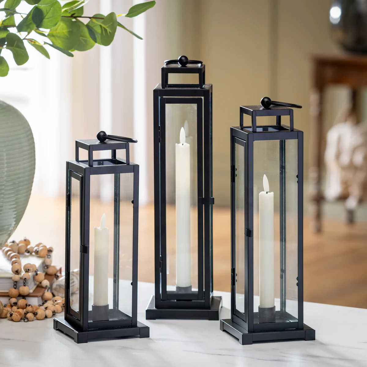 Tower Lantern LED Tapered Set of 3 with Black Finish | Plow & Hearth