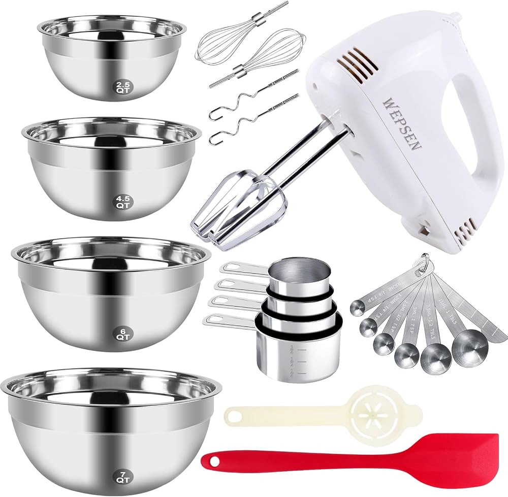 5-Speed Electric Hand Mixer, 4 Large Mixing Bowls Set, Handheld Mixers with Whisks Beater, Stainl... | Amazon (US)