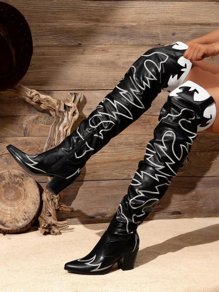 2025 Y2K New Autumn Women's Cowboy Riding Western Style Knee High Boots Fashionable Pointed Toe Chunky Heel Embroidery Wester Boots | SHEIN