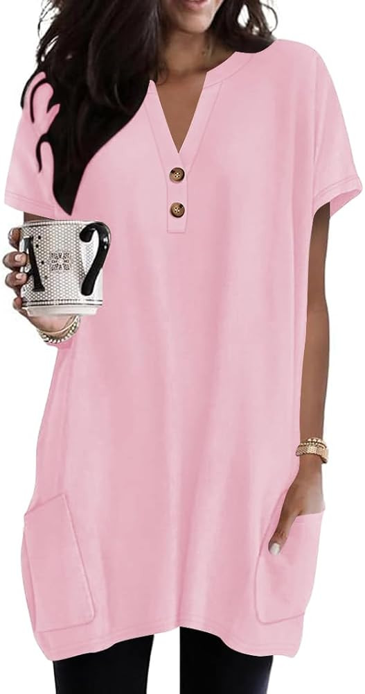 Naggoo Summer Womens Tunic Tops for Leggings with Pockets Button V Neck Short Sleeve Casual Long ... | Amazon (US)