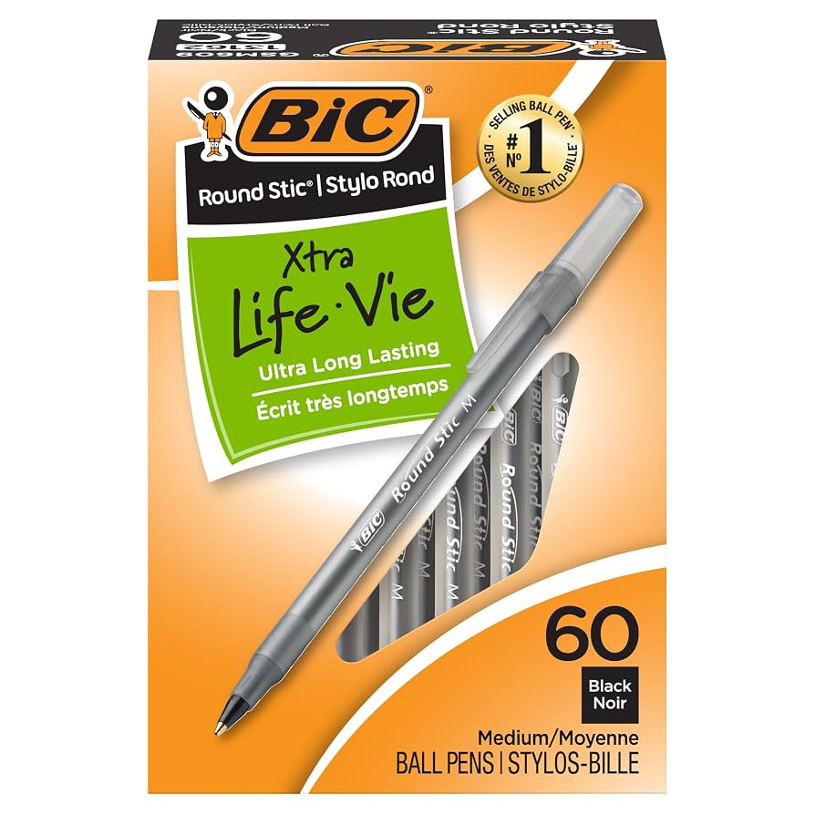 BIC Round Stic Xtra Life Ballpoint Pen, Ultra Long Lasting and Consistent Ink Flow, 60-Count in B... | Amazon (US)