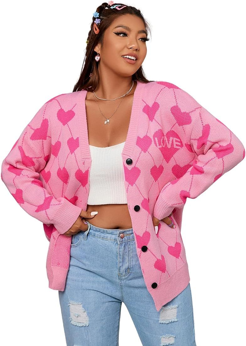 Verdusa Women's Plus Size Button Down Drop Shoulder Printed Sweater Cardigan Outerwear | Amazon (US)