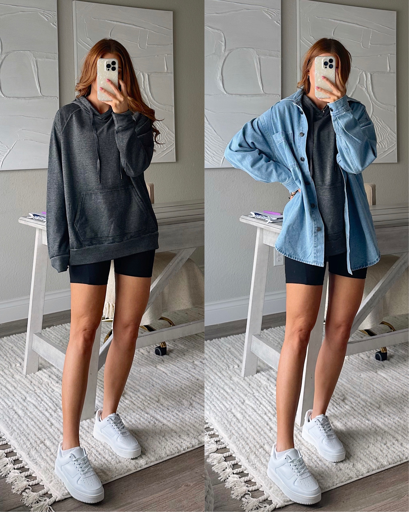 hoodie: small // biker short: small // denim shirt jacket: small // sneakers: true to size, go up if in between 