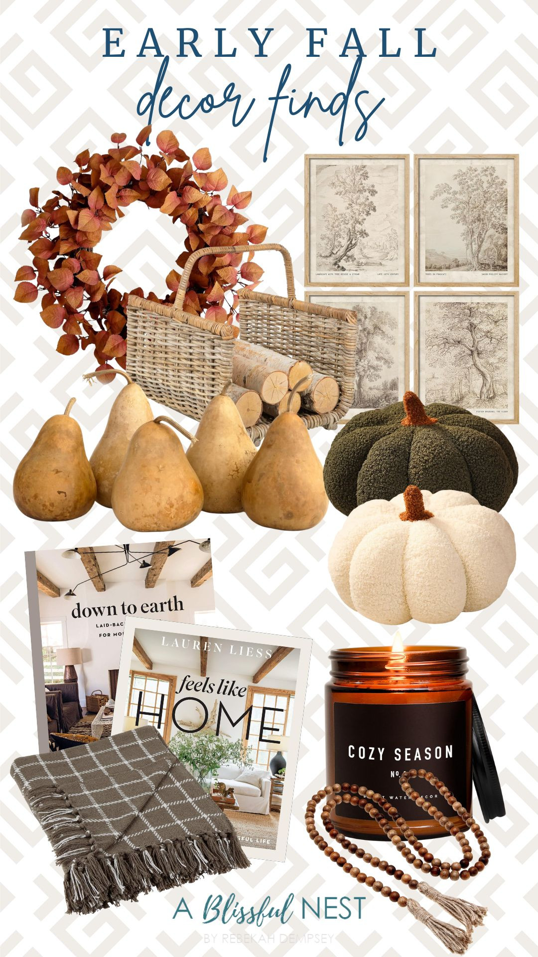 The easiest way to welcome early fall is with a few beautiful home updates. Shop my favorites.

Beige and dark green Halloween pumpkin plush toys, fire log basket, decorative books, wood bead garland, cozy season soy candles, framed poster vintage landscape, dried martin gourds, checked plaid woven throw, artificial fall leaves wreath. 

 #LTKSeasonal #LTKHome