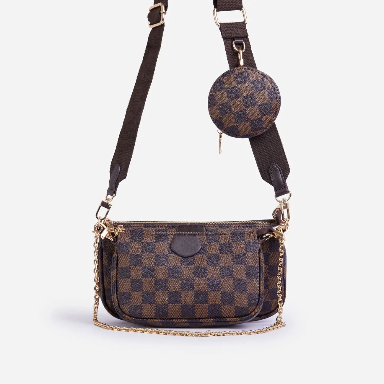 Mika Checked Chain And Purse Detail Cross Body Bag In Brown Faux Leather | EGO Shoes (US & Canada)