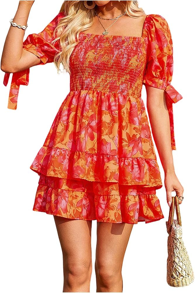 Floerns Women's Floral Print Puff Sleeve Square Neck Tiered Layer Shirred Dresses | Amazon (US)