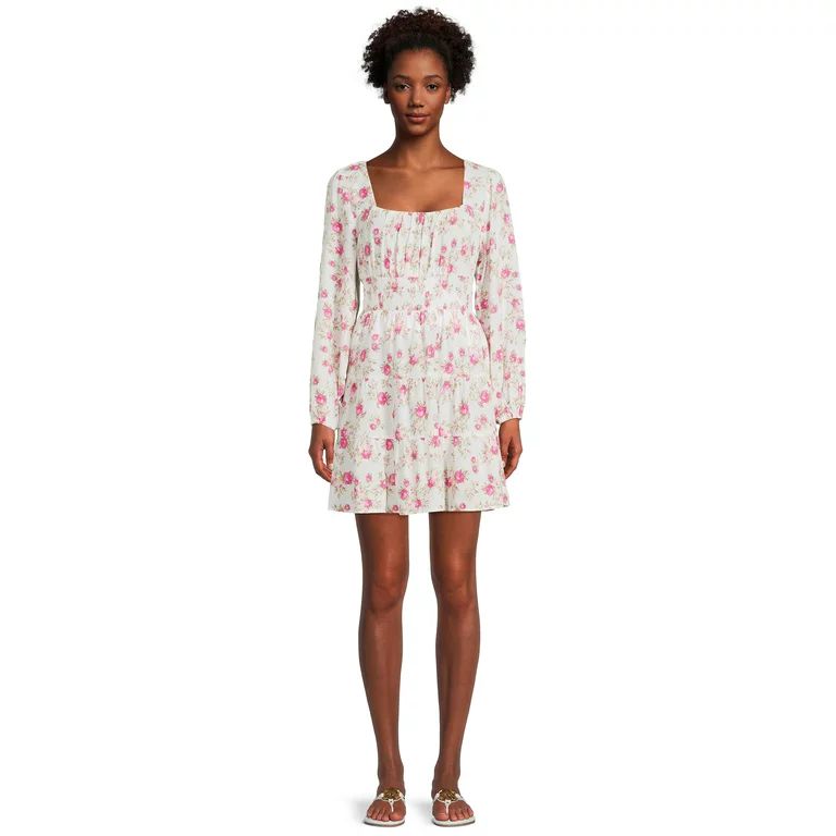 Liv & Lottie Women's Juniors Floral Smocked Tiered Dress with Long Sleeves | Walmart (US)