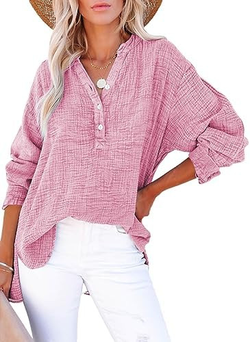 Dokotoo Womens Casual Button V Neck Long Sleeve Shirts Oversized Solid Blouses Tops | Amazon (US)
