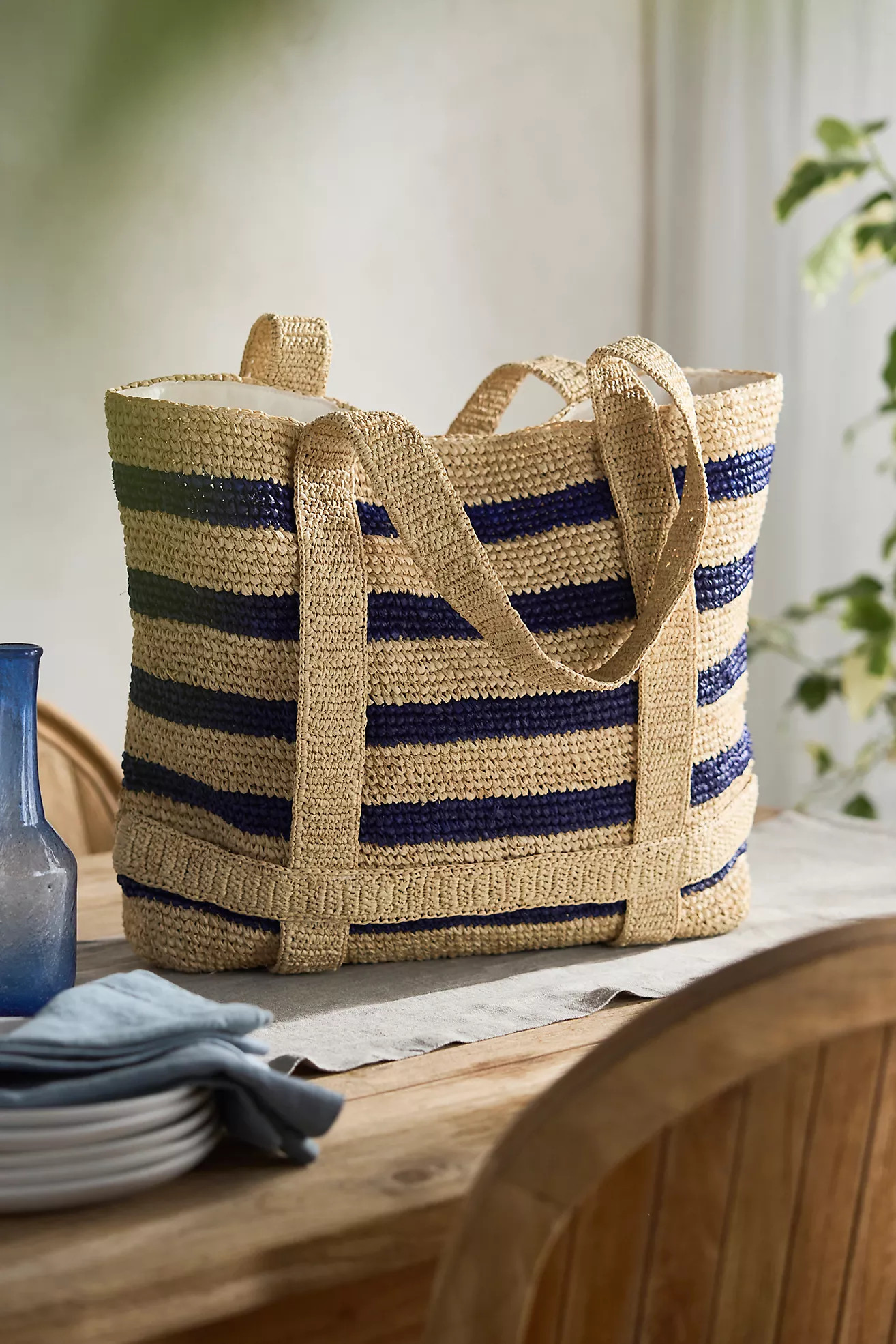 Striped Raffia Travel Tote, Navy | Anthropologie (US)