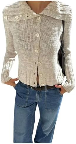 GORGLITTER Women's Button Up Cropped Cardigan Sweaters Long Sleeve Collared Ribbed Knit Tops | Amazon (US)