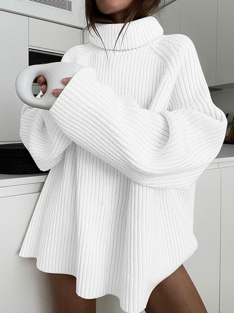 LILLUSORY Women's Oversized Turtleneck Chunky Knit Sweater Loose Fit Ribbed Tunic Mini Sweater Dress | Amazon (US)