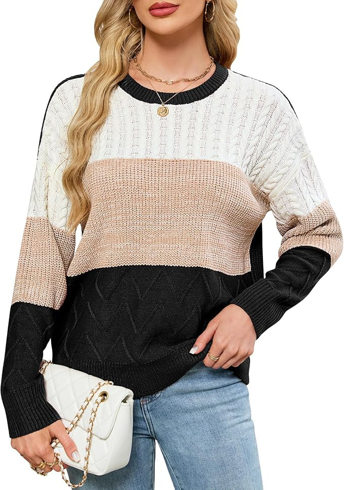 Women's Striped Color Block Sweaters Crewneck Fall Sweater Long Sleeve Oversized Soft Winter Pull... | Amazon (US)