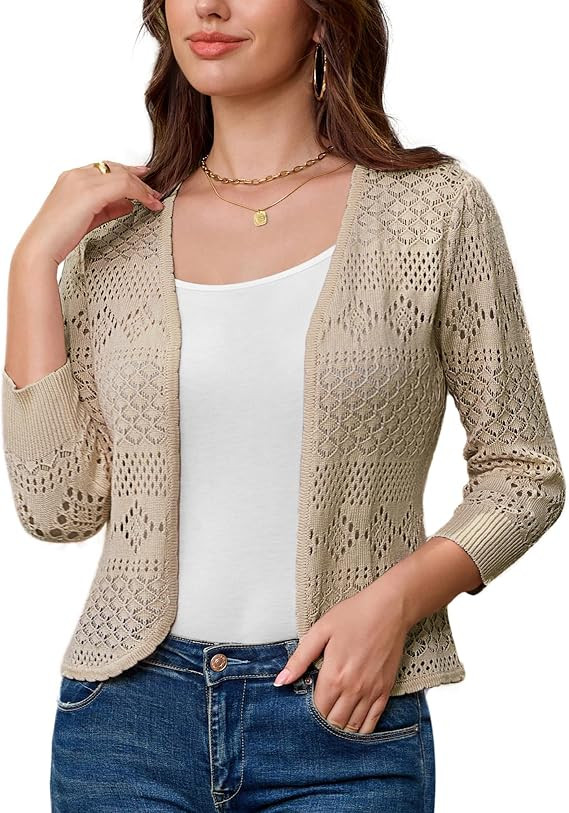 GRACE KARIN Women Lightweight Cardigan, 3/4 Sleeve Cropped Crochet Bolero Shrug, Summer Open Fron... | Amazon (US)