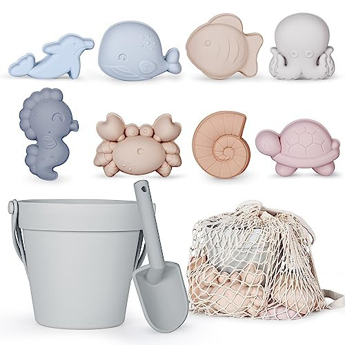 MarcZero 11Pcs Silicone Beach Toys Set - Travel Friendly With Bucket, Shovel, 8 Sand Molds, Bag - Modern Baby Sand Toys for Toddlers, Kids (Gray) | Amazon (US)