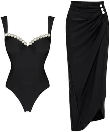FLAXMAKER Black Double Shoulder Straps Chest Pearl One Piece Swimsuit and Skirt | Amazon (US)