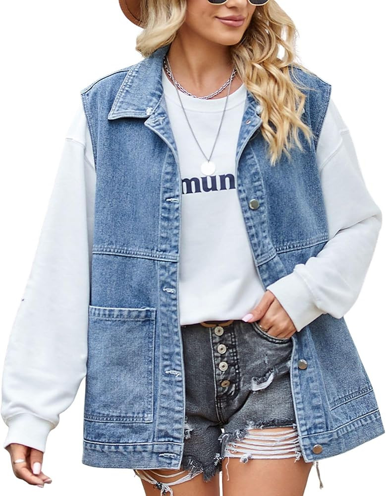 FindThy Women’s Vintage Denim Jean Vest Oversized Button Down Jean Waistcoat Gilet | Amazon (US)