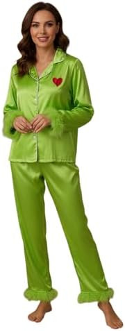 Women Christmas Pajamas Satin Silk Feather Trim Button Down Shirts Jammies Xmas Matching Pjs Outf... | Amazon (US)